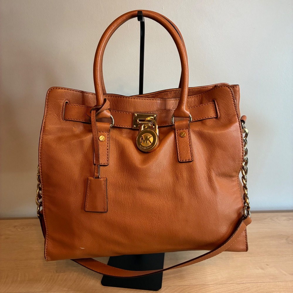 Michael Kors Hamilton Large NS Satchel Tan Pebbled Leather Gold Hardware Lock